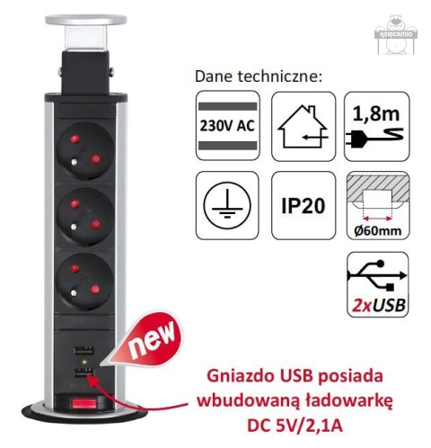 Listwa zasilająca chowana w blat z USB INOX Listwa zasilająca chowana w blat z USB INOX