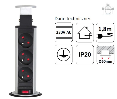 Power port listwa zasilająca chowana w blat inox Power port listwa zasilająca chowana w blat inox