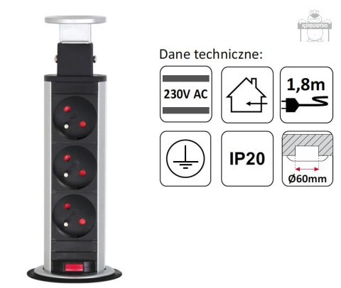 Power port listwa zasilająca chowana w blat biała Power port listwa zasilająca chowana w blat biała